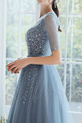 On Sale: Dusty Blue Lace-Up Evening Dress with Sequins - Hale Sleeves Long