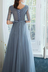 On Sale: Dusty Blue Lace-Up Evening Dress with Sequins - Hale Sleeves Long