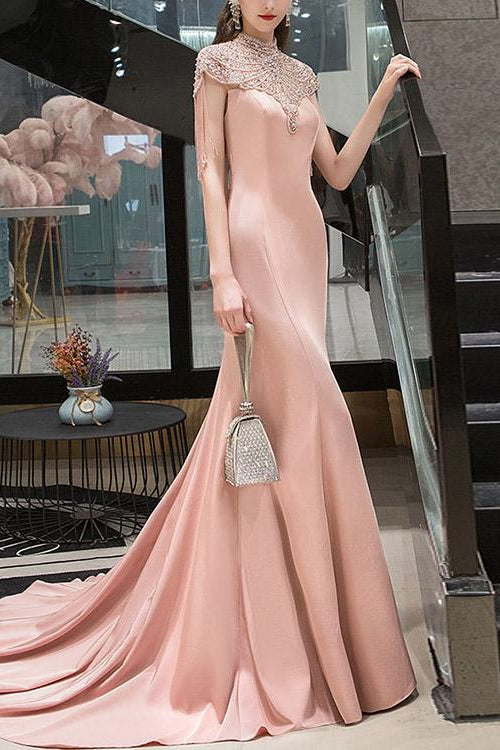 On Sale: Pink Mermaid Evening Dress with Beadings and Tassels