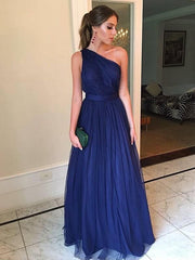 One-Shoulder Floor-Length A-line Tulle Dresses With Ruffles