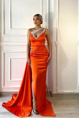 One Shoulder Mermaid Evening Dress with Ruffles - Orange