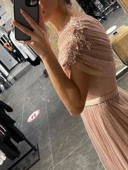 A-Line Evening Gown Glittering Dress Wedding Prom Court Train Sleeveless One Shoulder Tulle with Glitter Ruched Appliques