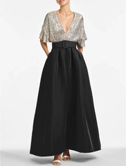 A-Line Evening Gown Party Dress Sparkle & Shine Dress Formal Wedding Guest Ankle Length Half Sleeve V Neck Fall Wedding Guest Sequined with Sequin Strappy