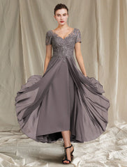 Aimishang  A-Line Mother of the Bride Dress Fall Wedding Guest Plus Size Elegant High Low V Neck Tea Length Chiffon Lace Short Sleeve with Pleats Appliques