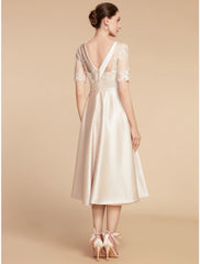 Aimishang  A-Line Mother of the Bride Dress Wedding Guest Elegant Petite Scoop Neck Knee Length Satin Lace Half Sleeve with Appliques Ruching Solid Color