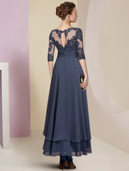Aimishang Sheath / Column Mother of the Bride Dress Wedding Guest Party Elegant High Low Jewel Neck Asymmetrical Chiffon Lace Half Sleeve with Pleats Solid Color