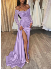 Mermaid Black Dress Evening Gown Sparkle & Shine Dress Formal Wedding Party Court Train Long Sleeve Off Shoulder Fall Wedding Reception Satin with Ruched Sequin Slit