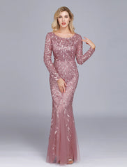 Mermaid / Trumpet Empire Elegant Party Wear Formal Evening Valentine's Day Dress Jewel Neck Long Sleeve Floor Length Tulle with Embroidery 2024 / Illusion Sleeve