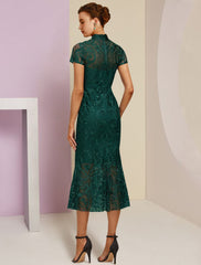 Aimishang  Sheath / Column Mother of the Bride Dress Wedding Guest Elegant High Neck Tea Length Lace Short Sleeve with Appliques