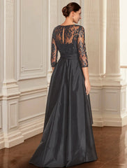 Aimishang  A-Line Mother of the Bride Dress Formal Wedding Guest Elegant Black Dress Jewel Neck Asymmetrical Lace Italy Satin 3/4 Length Sleeve with Lace Bow(s) Sequin