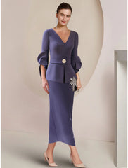 Wholesa A-Line Mother of the Bride Dress Wedding Guest Elegant V Neck Ankle Length Stretch Fabric Half Sleeve with Crystal Brooch Ruching