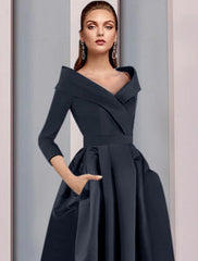 Aimishang  A-Line Mother of the Bride Dress Wedding Guest Elegant High Low Sweet Spaghetti Strap Asymmetrical Tea Length Satin 3/4 Length Sleeve with Pleats Fall