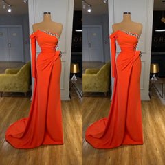 Orange One-Shoulder Long Sleeve Crystal Prom Dress