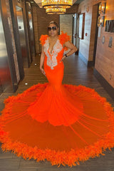 Orange Sleeveless V-Neck Mermaid Prom Dress with Feather
