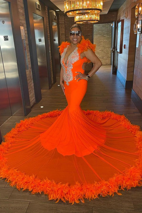 Orange Sleeveless V-Neck Mermaid Prom Dress with Feather
