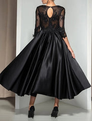 Aimishang A-Line Evening Gown Elegant Dress Wedding Guest Cocktail Party Ankle Length 3/4 Length Sleeve Illusion Neck Fall Wedding Guest Satin with Appliques