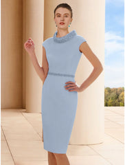 Aimishang Two Piece Sheath / Column Mother of the Bride Dress Wedding Guest Elegant Petite Scoop Neck Knee Length Satin 3/4 Length Sleeve with Feather Beading