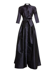 A-Line Evening Gown Elegant Dress Wedding Guest Floor Length 3/4 Length Sleeve Shirt Collar Pocket Taffeta with Pocket Strappy