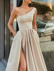 A-Line Prom Dresses Sexy Dress Formal Wedding Guest Floor Length Sleeveless One Shoulder Satin with Pleats Slit