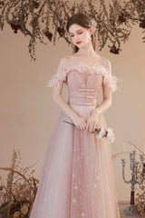 Pink Tulle Long A-line Prom Dress, Off the Shoulder Evening Dress