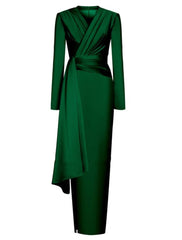 Wholesale A-Line Evening Black Dress Christmas Elegant Dress Formal Ankle Length Long Sleeve V Neck Satin with Ruched Slit
