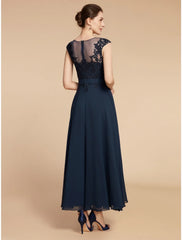 Aimishang  A-Line Mother of the Bride Dress Wedding Guest Elegant Jewel Neck Ankle Length Chiffon Lace Long Sleeve with Ruching Solid Color