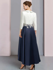 Aimishang A-Line Mother of the Bride Dress Wedding Guest Elegant V Neck Asymmetrical Satin Lace 3/4 Length Sleeve with Ruching