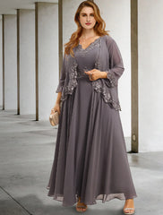 Two Piece A-Line Evening Gown Elegant Dress Formal Tea Length Sleeveless V Neck Chiffon with Appliques