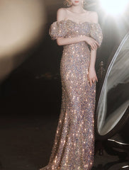 Mermaid / Trumpet Prom Dresses Elegant Dress Wedding Guest Prom Floor Length Short Sleeve Sweetheart Lace with Sequin