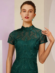 Aimishang  Sheath / Column Mother of the Bride Dress Wedding Guest Elegant High Neck Tea Length Lace Short Sleeve with Appliques