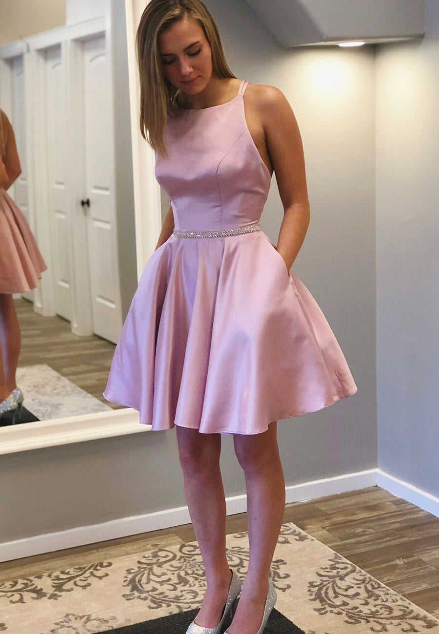 Pink Satin Short Prom Dresses, A-Line Homecoming Dresses