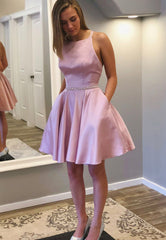 Pink Satin Short Prom Dresses, A-Line Homecoming Dresses