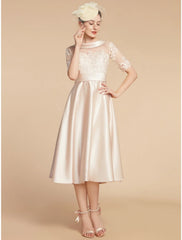 Aimishang  A-Line Mother of the Bride Dress Wedding Guest Elegant Petite Scoop Neck Knee Length Satin Lace Half Sleeve with Appliques Ruching Solid Color