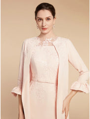 Aimishang  Two Piece A-Line Mother of the Bride Dress Wedding Guest Elegant Petite Jewel Neck Short / Mini Lace Stretch Fabric 3/4 Length Sleeve with Bow(s) Ruffles Solid Color