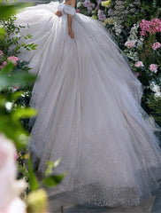Aimishang Engagement Sparkle & Shine Formal Wedding Dresses Ball Gown Off Shoulder Cap Sleeve Chapel Train Sequined Bridal Gowns With Solid Color