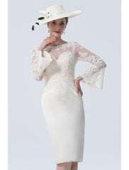 Aimishang  Sheath / Column Mother of the Bride Dress Vintage Plus Size Elegant Jewel Neck Knee Length Satin Lace Long Sleeve with Lace