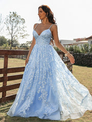 A Line Blue Tulle V Neck Backless Lace Appliques Prom Dresses Simple Evening Dresses