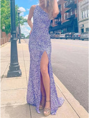 Sexy Prom Dresses Sparkle & Shine High Split Formal Evening Dress Mermaid One Shoulder Sleeveless Sweep / Brush Train Sequined with Sequin