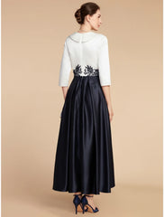 Aimishang  A-Line Mother of the Bride Dress Wedding Guest Elegant Petite V Neck Asymmetrical Satin Lace Half Sleeve with Ruching