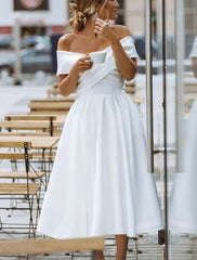 Aimishang Simple Wedding Dresses Satin Little White Dresses A-Line Off Shoulder Formal Short Sleeve Tea Length Bridal Gowns With Solid Color