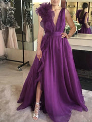 Wholesale A-Line Evening Gown Celebrity Style Dress Christmas Red Green Dress Formal Wedding Guest Floor Length Sleeveless V Neck Chiffon with Slit Pure Color