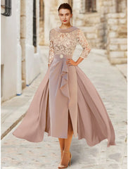 Aimishang A-Line Mother of the Bride Dress Wedding Guest Elegant Scoop Neck Ankle Length Satin Lace 3/4 Length Sleeve with Ruffles Split Front Ruching