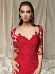 Mermaid / Trumpet Mother of the Bride Dress Luxurious Elegant V Neck Sweep / Brush Train Lace Tulle Half Sleeve with Pleats