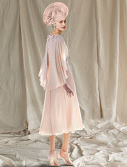 Aimishang  Two Piece A-Line Mother of the Bride Dress Wedding Guest Church Elegant V Neck Tea Length Chiffon Sleeveless Wrap Included with Appliques