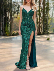 Aimishang Mermaid / Trumpet Prom Dresses Dresses Gowns Evening Dresses Formal Wedding Guest Floor Length Sleeveless Spaghetti Strap Sequined with Slit Appliques