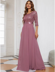 A-Line Mother of the Bride Dress Wedding Guest Plus Size Elegant Jewel Neck Floor Length Tulle Sequined 3/4 Length Sleeve with Sequin Fall
