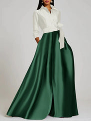 Aimishang A-Line Evening Gown Elegant Dress Formal Floor Length 3/4 Length Sleeve Shirt Collar Satin with Slit Strappy