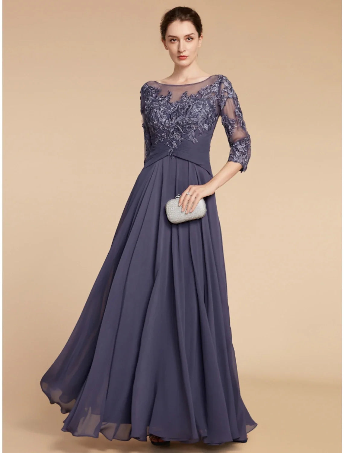 Aimishang A-Line Mother of the Bride Dress Wedding Guest Elegant Scoop Neck Floor Length Chiffon Lace 3/4 Length Sleeve with Ruching Solid Color