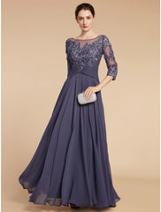 Aimishang A-Line Mother of the Bride Dress Wedding Guest Elegant Scoop Neck Floor Length Chiffon Lace 3/4 Length Sleeve with Ruching Solid Color