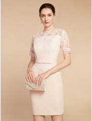 Aimishang  Two Piece A-Line Mother of the Bride Dress Wedding Guest Elegant Petite Jewel Neck Short / Mini Lace Stretch Fabric 3/4 Length Sleeve with Bow(s) Ruffles Solid Color
